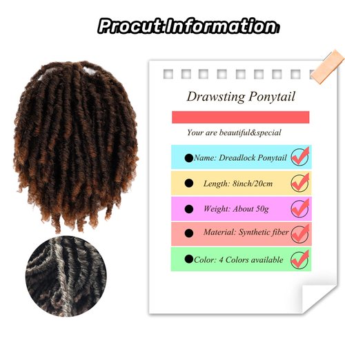 Dreadlock Ponytail Extensions 8 inch Loc Drawstring Ponytail Clip in on Ponytails Hair Extensions Fake Ponytail Hairpieces Loc Accessories for Black Women (1BT30, 8 inch)