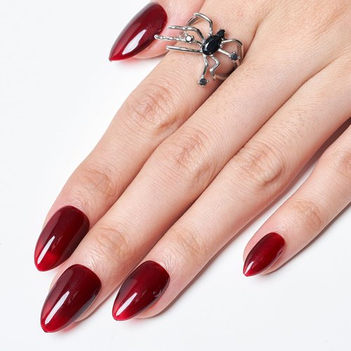 GLAMERMAID Dark Red Press On Nails Short Almond, Handmade Soft Jelly Gel Nail Tips Deep Burgundy Round Fake Nails, Natural Deep Red Stick Glue on Nails for Women, Reusable Round Oval False Nail Kit