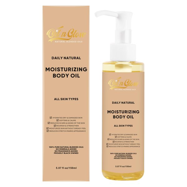 OilnGlow 100% Pure Organic Hydrating Body Oil After Shower with Vitamin E, Coconut, Jojoba, Olive & Sweet Almond Moisturizing Body Oil For Women & Men Dry Skin - Unscented 5.07 fl oz/150ml