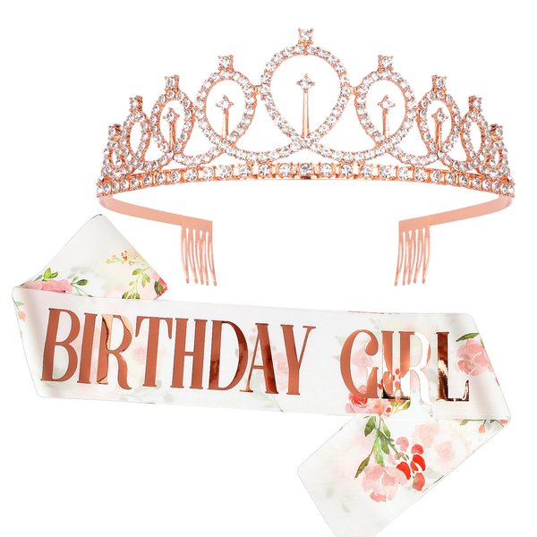 CIEHER Birthday Crown for Girls, Birthday Girl sash & Rhinestone Tiara Kit for Women Girls, Rose Gold Crown with Combs Flower Sash, Sweet Birthday Decorations Favors