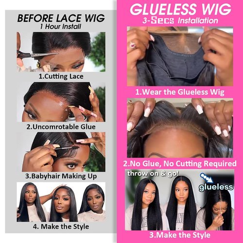 Aminow Synthetic Wear and Go Glueless Wigs Soft & Natural as Human Hair Pre Plucked Pre Cut 4x4 Kinky Straight Lace Front Wigs for Black Women 22 Inch Natural Black