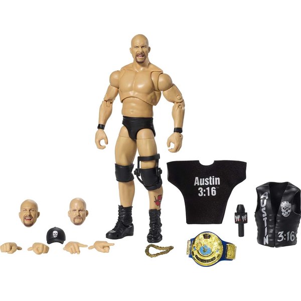 WWE MATTEL Ultimate Edition Stone Cold Steve Austin Action Figure, 6-in / 15.24-cm, with Interchangeable Heads, Swappable Hands & Entrance Gear for Ages 8 Years Old & Up