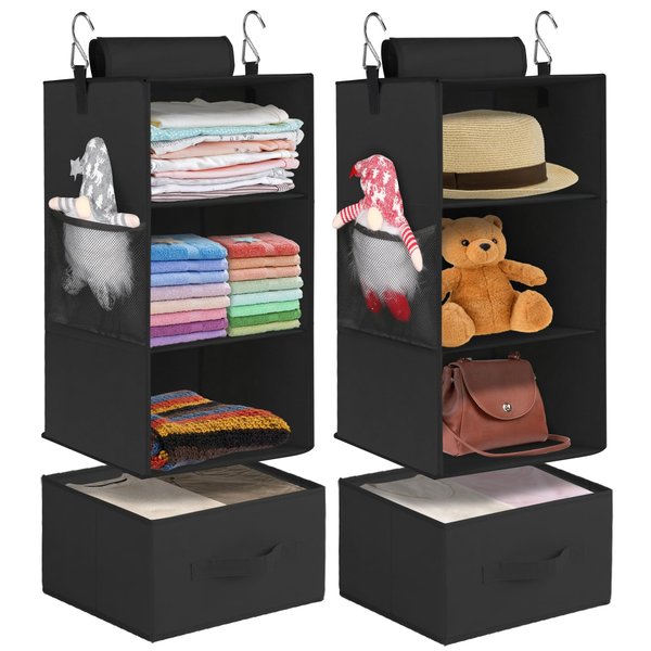 punemi 2 Pack 3-Shelf Hanging Closet Organizer and Storage, Hanging Closet Storage Organizer with Drawers, Foldable Hanging Shelves for Closet, Wardrob, 22.8" D x 11" W x 11" H, Black