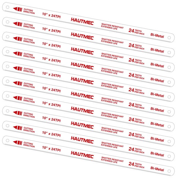 HAUTMEC 10" Hacksaw Blades Replacement Bi-Metal(10 Pack) 24 TPI High Speed Steel Grounded Teeth HT0120-CT