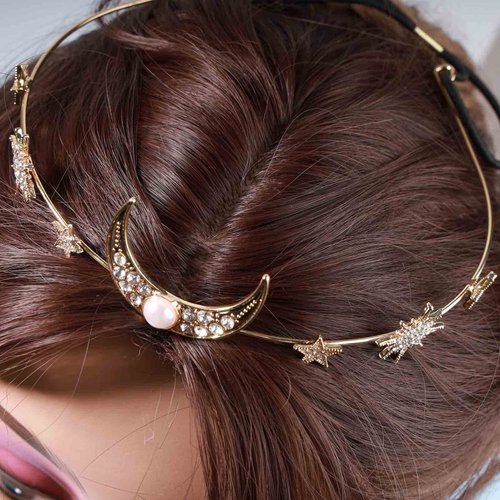Yheakne Boho Moon Star Headband Gold Rhinestone Head Chain Crystal Headband Hair Band Sparkle CZ Hair Chain Headpieces Decorative Headdress Wedding Hair Accessories for Women and Girls