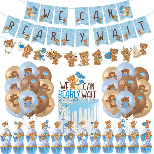 51 Pack Bear Baby Shower Decorations for Boy We Can Bearly Wait Banner Bear Cake Topper Cupcake Toppers Blue and Brown Balloons Cute Bear Party Supplies