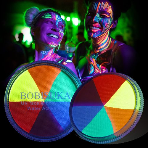 6 Colors Glow UV Blacklight Face Body Paint Palette, Water Activated Neon Facepaint, Washable Painting Kit for Halloween, Glow In The Dark Party Cosplay Stage Makeup