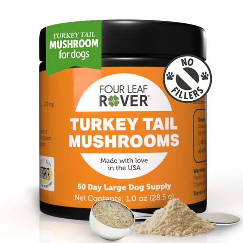 Four Leaf Rover Turkey Tail Mushroom for Dogs - Whole, Organic Mushrooms - Tested High in Critical Beta-Glucans - No Grains or Fillers - 60 Day Large Dog Supply