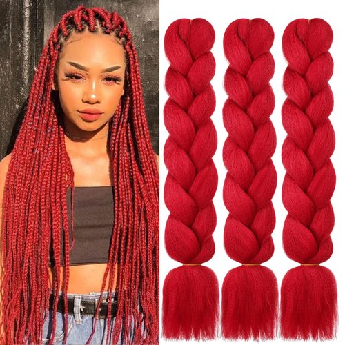 HAIRCUBE Red Braiding Hair 24 Inch 3 Packs Pre Stretched Box Braids Colorful Twist Braiding Hair Extensions Synthetic Crochet Braiding (Red)