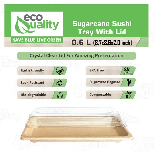 EcoQuality Small Compostable Sushi Trays with Lids - Natural Sugarcane Bagasse Take Out Sushi Container - Biodegradable, Disposable Sushi Plate with Lid, Eco, To go, Serving Tray (25)