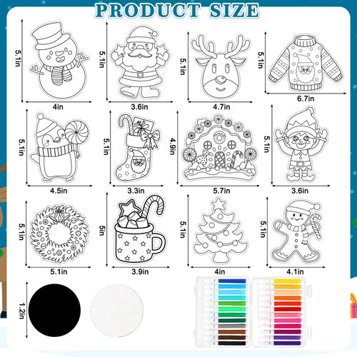 JarThenaAMCS 48 Sets Christmas Crafts for Kids Color Your Own Santa Snowman Gingerbread Magnet Craft Kit DIY Christmas Coloring Arts Magnet Ornaments for Party Classroom Supplies
