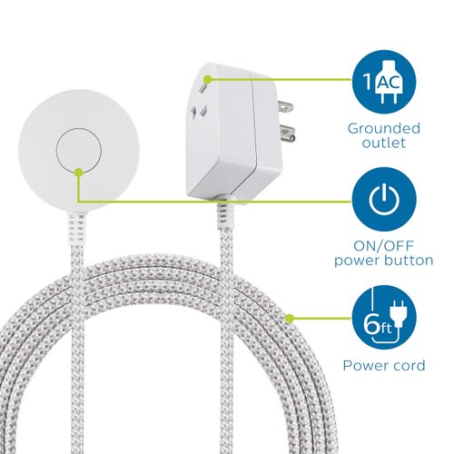 Philips Grounded Plug with Braided Cord, 6 Ft Long Power Cable, ON/Off Switch, for Tabletop or Wall Mount, Perfect for Lamps/Seasonal Lights, 3 Prong,Slip Resistant Base,SPS1611WA/37,White