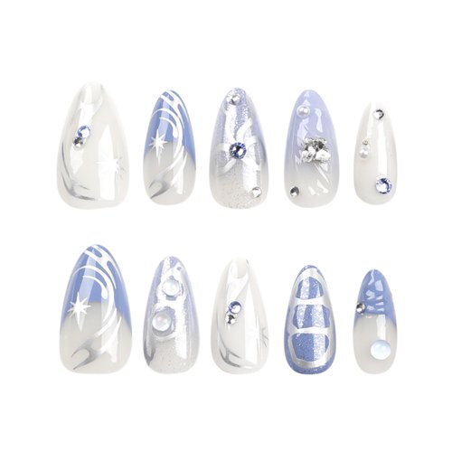 Press on Nails Medium Almond False Nails 3D Bow Tie Fake Nails Artificial Acrylic Nails y2k Silver Starburst Rhinestones Design French Nails Full Cover Reusable Coffin Nails Glue on Nails for Women