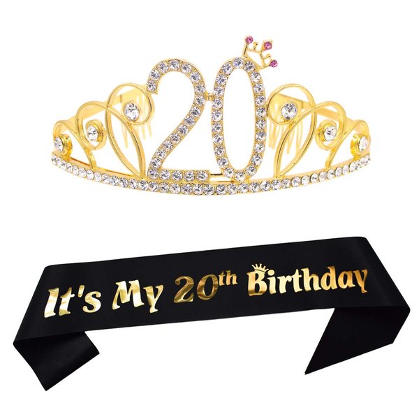 Dgasin 20th Birthday Tiara and Sash Happy 20th Birthday Party Supplies 20th Birthday Glitter Satin Sash and Crystal Tiara Princess Birthday Crown for Girls 20th Birthday Party Decorations