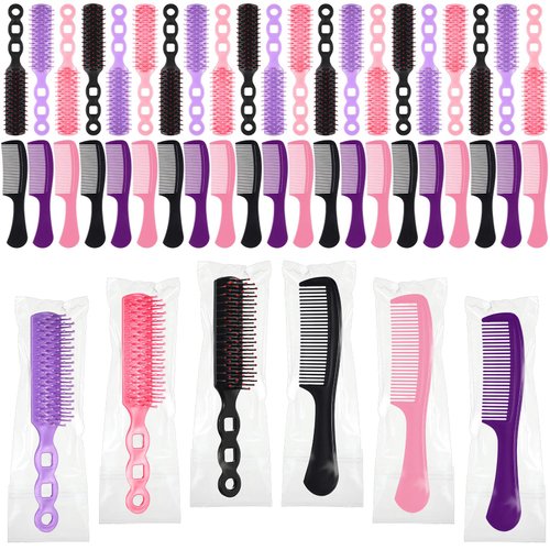 Baderke 48 Pcs Hair Brush Combs Set in Bulk for Homeless Individually Wrapped Curly Thick Long Smoothing Hair Brush Detangling Hairbrush for Women Kids Hotel Homeless Nursing Charity(Multicolor)