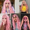 andromeda Pink Wig with Bangs Soft Long Wavy Wigs for Women Curly Synthetic Fiber Wig Halloween Costumes Cosplay Party Wigs (Pink)