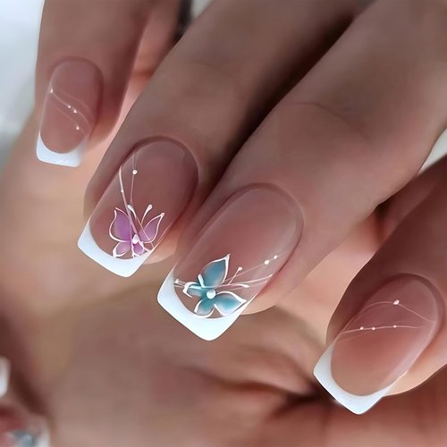 French Tip Press on Nails Medium Coffin Fake Nails Glossy Pink Blue Butterfly Design Acrylic Nails Glossy Glue on Nails Full Cover Stick on Nails Square Shaped False Nails for Women Girls Nail 24 Pcs