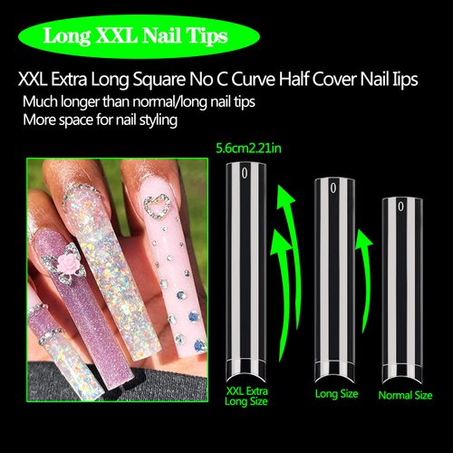 XXXL No C Curve Square Nail Tips, 600PCS Clear Nail Tips for Acrylic Nails Professional, Straight Tapered Square Nails Tips 3XL Extra Long Acrylic Nail Tips Half Cover French Nails for Women 12 Sizes
