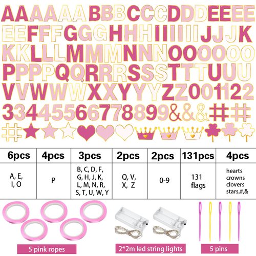 TaoBary 143 Pcs DIY Letter Banner Customizable Happy Birthday Banner Supplies Make Your Own Banner Include Letters, Numbers Symbol Rope Needles for Baby Shower Halloween Party Decorations (Pink)