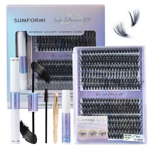 SUMFORMI DIY Lash Extension Kit Natural Eyelash Extension Kit Wispy Lash Clusters Kit Waterproof Single Lashes Extension Kit Natural Look Eyelash Cluster Lash Kit D Curl 8-16MM at Home 40D+50D(Wispy)