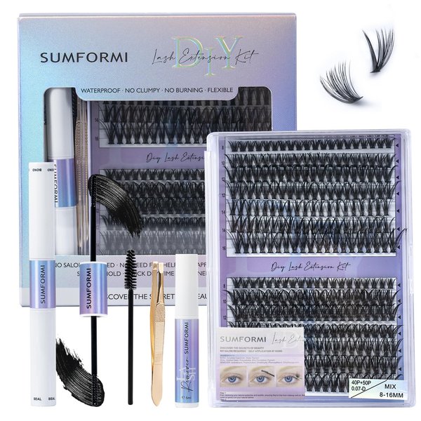 SUMFORMI DIY Lash Extension Kit Natural Eyelash Extension Kit Wispy Lash Clusters Kit Waterproof Single Lashes Extension Kit Natural Look Eyelash Cluster Lash Kit D Curl 8-16MM at Home 40D+50D(Wispy)