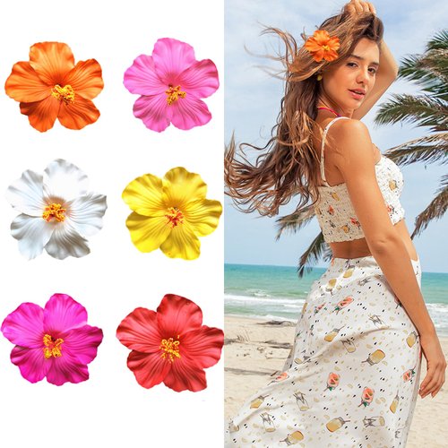 6Pcs Hawaiian Flower Hair Clips for Women,Hibiscus Hair Clips Beach Hair Clips 3.5 Inch Flower Hair Clips for Women Hair Accessories