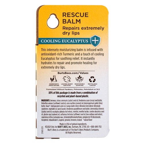 Burt Bees 100 percent Natural Origin Rescue Lip Balm with Beeswax and Antioxidant-Rich Turmeric Promotes Healing of Extremely Dry Lips, Cooling Eucalyptus Bundle, 6 Tubes, 0.15 Ounce (Pack of 6)