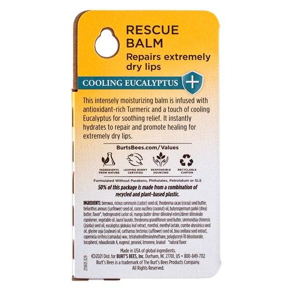 Burt Bees 100 percent Natural Origin Rescue Lip Balm with Beeswax and Antioxidant-Rich Turmeric Promotes Healing of Extremely Dry Lips, Cooling Eucalyptus Bundle, 6 Tubes, 0.15 Ounce (Pack of 6)