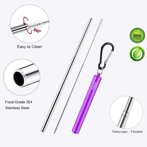 2 Pack Reusable Metal Straws Collapsible Stainless Steel Drinking Straw Travel Portable Telescopic Straw with Case,2 Cleaning Brushes Included Black/Purple