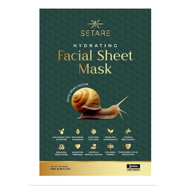 Setare Hydrating Sheet Masks with Snail Mucin, Collagen, Hyaluronic Acid & Premium Botanicals, Korean Beauty Tech, for All Skin Types - 8 Pack