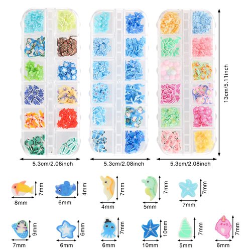 3 Boxes 3D Mixed Ocean Theme Nail Art Polymer Clay Slice Accessories Summer Shell Octopus Starfish Clownfish Nail Art Charms with Tweezers for DIY Nail Art Designs Manicure Decoration