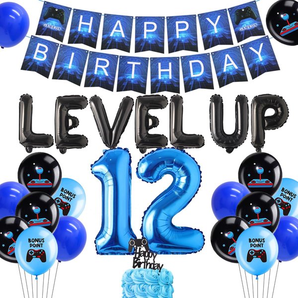 12th Birthday Party Decorations Video Game Blue 12 Years Old Birthday Party Decorations Supplies with Game Controller Balloons Cake Topper Banner for Boys Girls Gaming Birthday Party Supplies