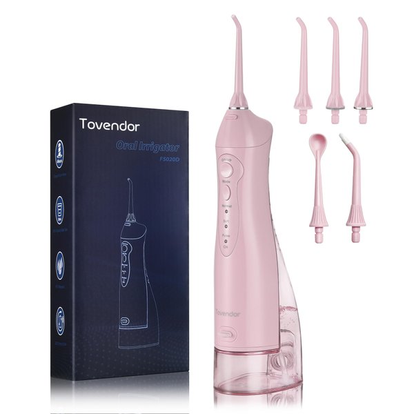 TOVENDOR Electric Water Flosser, Cordless Dental Oral Irrigator - 3 Modes, 3 Tips for Family Hygiene (300ML, Waterproof Waterflosser) (Pink)