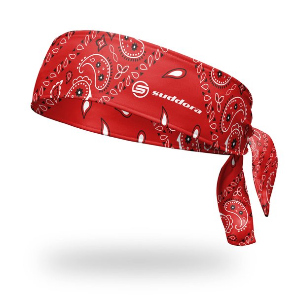 Suddora Paisley Print Bandana Headband, Multi-sport Boho Style Bandana for Indoor Outdoor Use, Breathable & Non-slip Fabric, Unisex Head Accessory for Bikers, Halloween (Red with Tie)