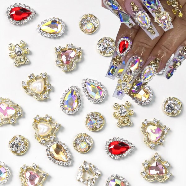 KACHIMOO 24pcs Luxury Nail Charms Laser Design Heart Nail Charm Alloy Gold Nail Art Rhinestones Nail Gems Shiny Nail Art Supplies for Women DIY