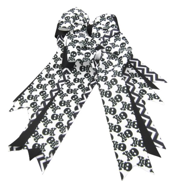 Set of Black & White Skull and Chevron Equestrian Bows - Available on a French Barrette or Aligator Clip (6" Tails, French Barrette)