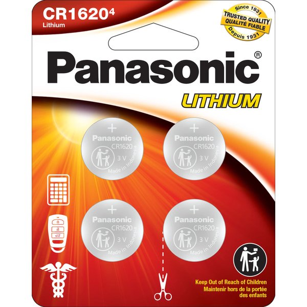 Panasonic CR1620 3.0 Volt Long Lasting Lithium Coin Cell Batteries in Child Resistant, Standards Based Packaging, 4-Battery Pack