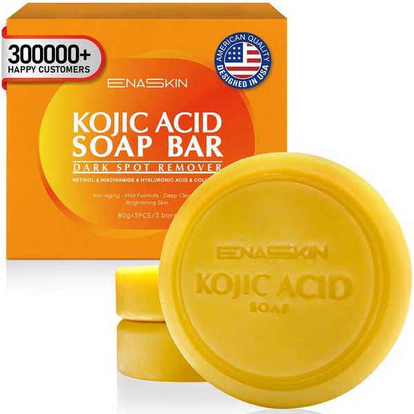 EnaSkin Kojic Acid Soap Dark Spot Remover: 3 Pack Turmeric Soap Bars with Vitamin C/Retinol/Collagen/Hyaluronic Acid - Moisturizing for Body & Face/Acne Scars/Melasma/Uneven Skin Tone