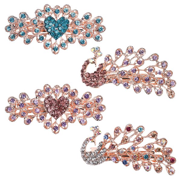 QXUJI 4PCS Crystal Rhinestones Hair Clips, Sparkly Glitter Flower Peacock Hair Barrettes, Metal Spring Hair Pins Snap Accessories, for Women Girls Bridal Wedding, 2.56 Inches