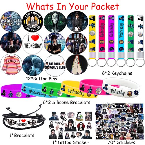 Wednesday Addams Party Supplies, 108 Pack Wednesday Merchandise Party Favors - 12 Bracelets, 1 Bracelet，12 Keychains, 12 Button Pins, 1 Tattoo Sticker Set of 70 Stickers for Fans