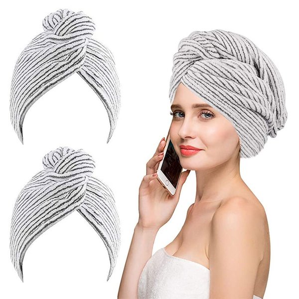 Microfiber Hair Towel Wrap for Women, 2 Pack Ultra Absorbent & Fast Drying Towel for Thicker Hair, Super Absorbent Quick Dry Hair Turban for Drying Curly, Long and Thick Hair (White Stripe)