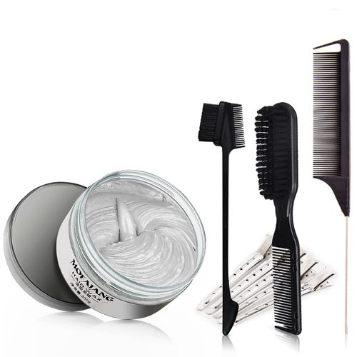 7.05oz Gray Temporary Hair Color Wax Styling Hair Wax Instant Coloring Clay with 3 Dying Brush + 5 Hair Clips + 3 Shawl, Disposable Mud for Halloween, Party, Cosplay, Christmas (Gray)