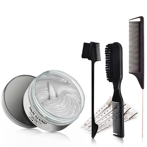 7.05oz Gray Temporary Hair Color Wax Styling Hair Wax Instant Coloring Clay with 3 Dying Brush + 5 Hair Clips + 3 Shawl, Disposable Mud for Halloween, Party, Cosplay, Christmas (Gray)