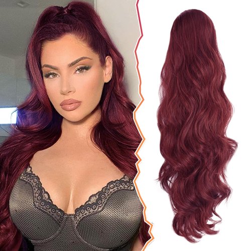 BARSDAR Burgundy Ponytail Extension, 26 In Drawstring Wavy Ponytail Hair Extensions Clip in Ponytails for Women Synthetic Red Pony Tail Hairpieces for Girls Daily Party Halloween (Burgundy)