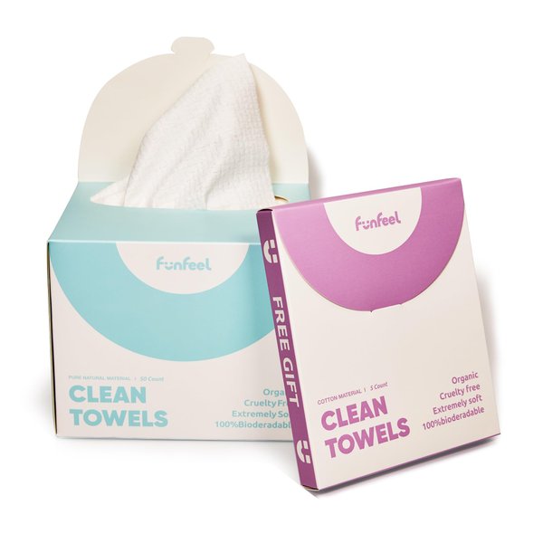 Funfeel Clean Towels - 100% Biobased, Disposable Face Towels for Sensitive Skin, Super Soft Biodegradable Makeup Remover Wipes, Facial Washcloth 50 Ct with 5 Ct Cotton Trial Pack, 2 Packs