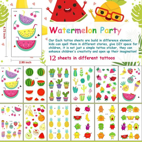 Leesgel 110 pcs Temporary Tattoos for Kids, Fruity Mexican Fiesta Cactus Watermelon Party Supplies Favors Decorations Accessories, Waterproof Fake Kids Tattoos Stickers for Girls Boys Kids