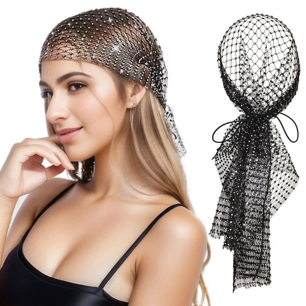 Munyee Hua Sexy Sparkle Rhinestone Black White Lace-able Hijab Cap Gatsby Headband Diamond Head Scarf For Women Turban Hat Fishnet Mesh Cap Renaissance Headpiece Necklace (Black)