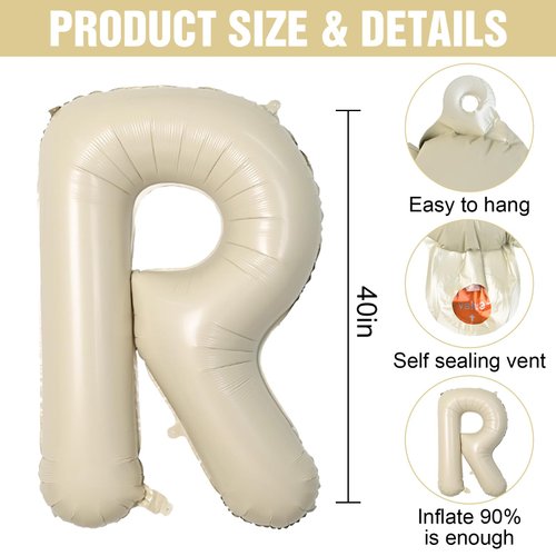 Letter Balloons Beige,40 Inch Letter R Balloons,A-Z Alphabet Name Foil Balloons,Big Single Cream Aluminum R Word Balloons Helium for Birthday,Anniversary,Baby Shower,Wedding Party Supplies Decorations