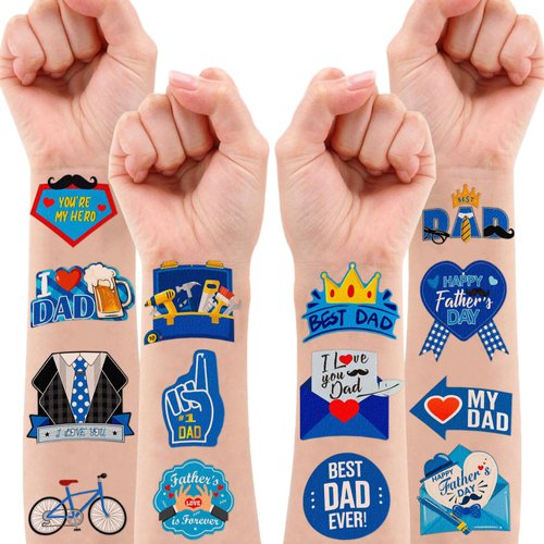 96 PCS Funny Happy Fathers Father’s Day Best Dad Ever Temporary Tattoos Themed Birthday Party Favors Decorations Supplies Decor Blue Papa Tool Tattoo Stickers Gifts For Kids Boys Girls School Prizes