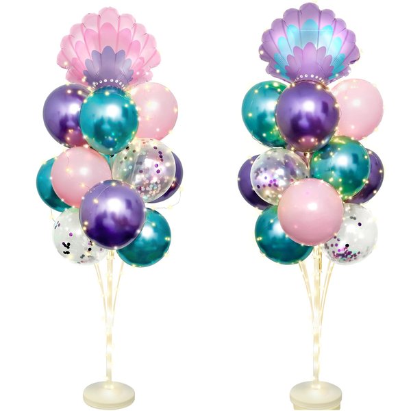 2 Set Mermaid Balloon Stand Kit for Floor with Lights, 53Inch in Height, 30Pcs Latex Confetti Balloons Column Holder Tower Centerpieces for Mermaid Sea Beach Theme Birthday Party Decorations